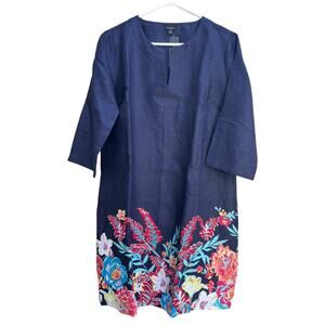 NEW Talbots Navy Blue Linen Dress Floral Hem 3/4 Sleeves  Women's Small